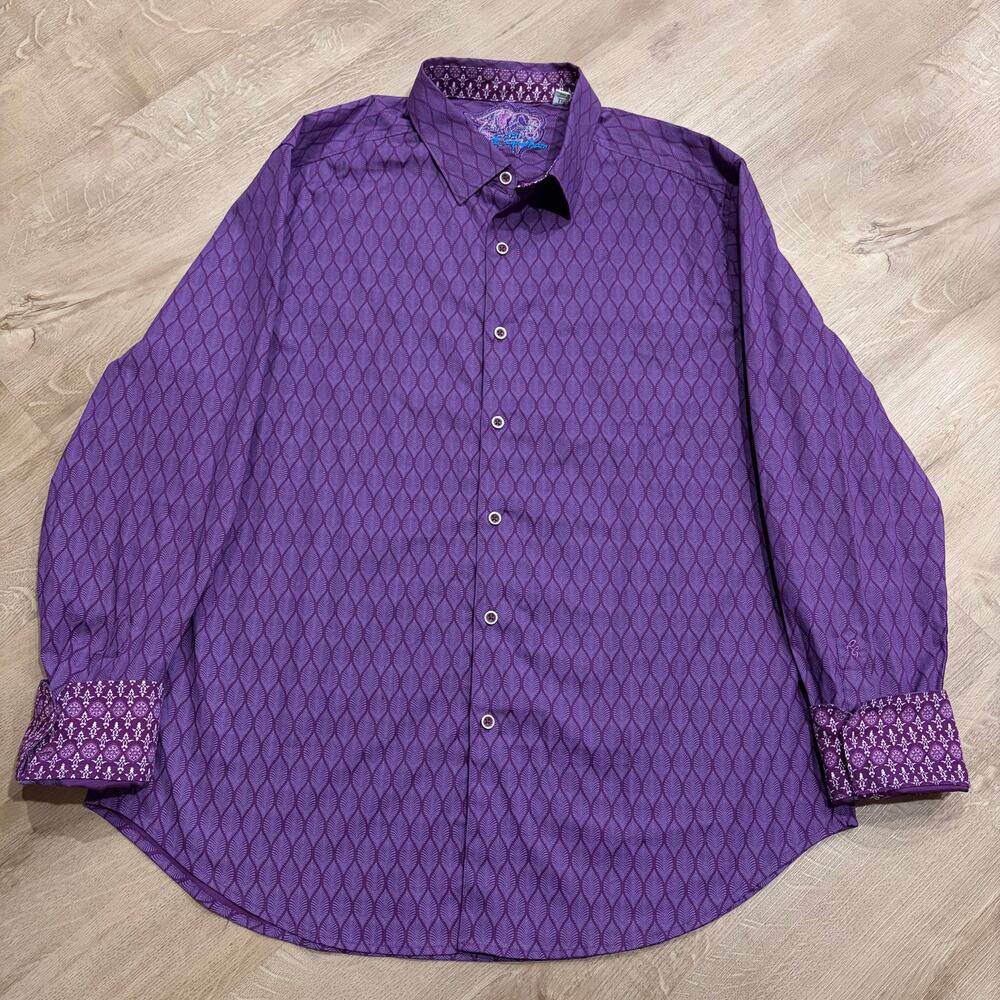 Robert Graham Purple Jacquard Tear Button Up Shirt Classic Fit Mens XL Flip Cuff
